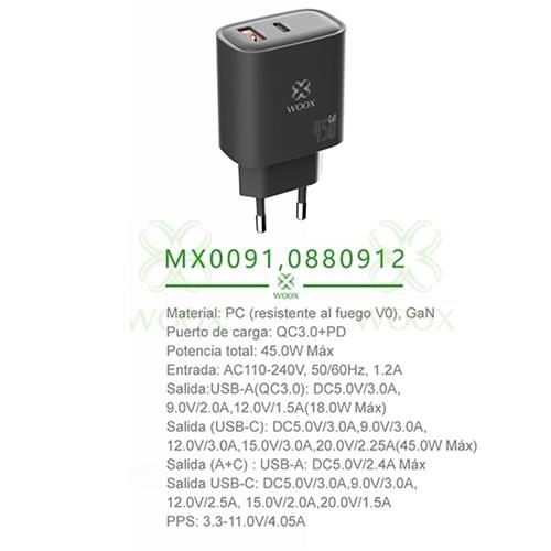 Cargador USB-A y USB-C GaN 45W Woox MX0091