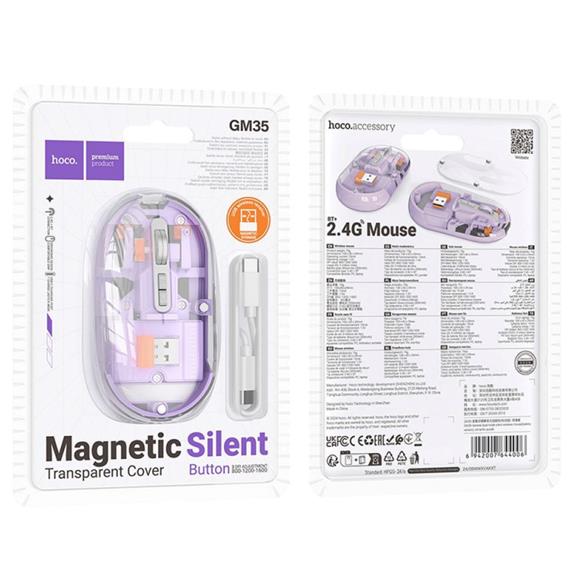 Hoco GM35 Ratón Inalámbrico 2.4G y Bluetooth Recargable Silencioso Púrpura