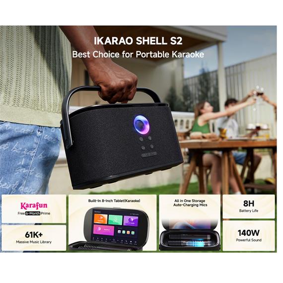 Ikarao Shell S2 Altavoz Karaoke Recargable con Pantalla 8" 140W y 2 Micros