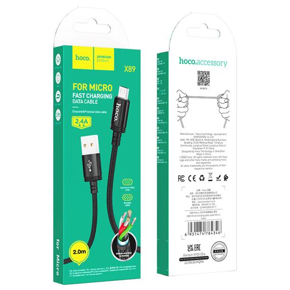 Cable USB a Micro 2 metros 2.4 Amp Hoco X89 Reforzado Negro