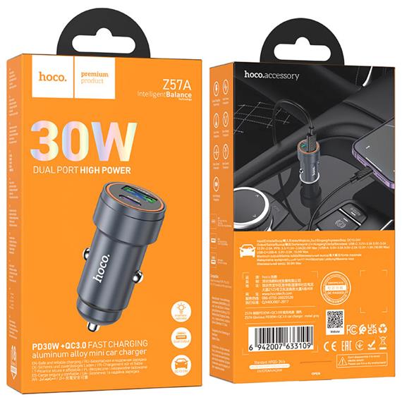 Cargador de Coche Hoco Z57A Glorious PD30W+QC3.0  Metal Gray