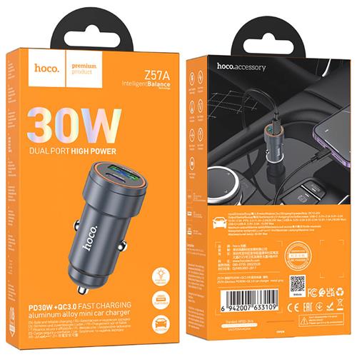 Cargador de Coche Hoco Z57A Glorious PD30W+QC3.0  Metal Gray