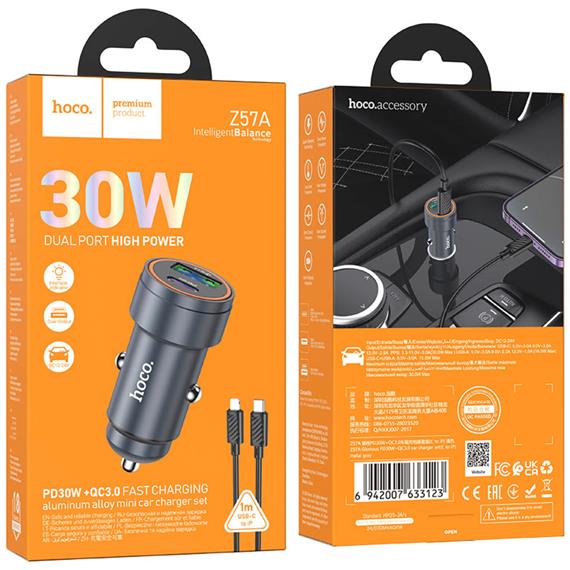 Cargador de Coche Set Hoco Z57A PD30W + QC3.0 + Cable Lightning