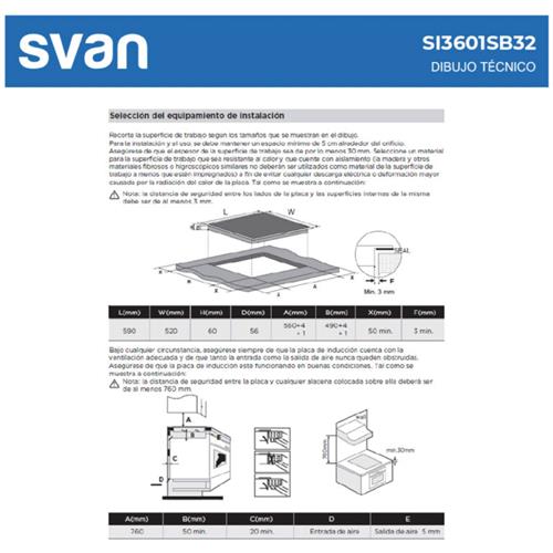 Svan SI3601SB32 Placa Inducción 60cm 3 Zonas Cristal Negro