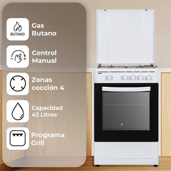 Svan SKG4500TM Cocina de Gas Butano 4F Horno 43L 2P Grill Blanco
