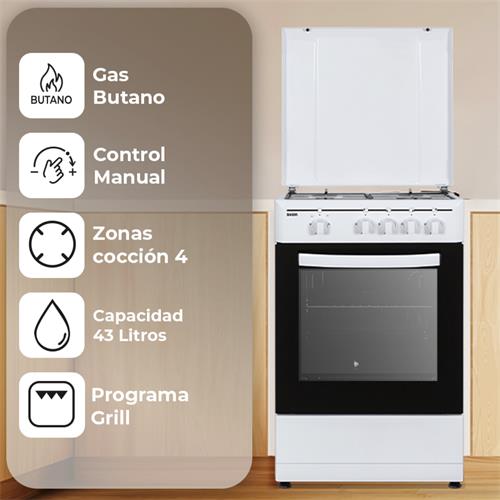 Svan SKG4500TM Cocina de Gas Butano 4F Horno 43L 2P Grill Blanco