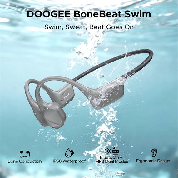 Doogee BoneBeat Swim Auricular de Conducción Osea BT y MP3 para Nadar Gris Claro