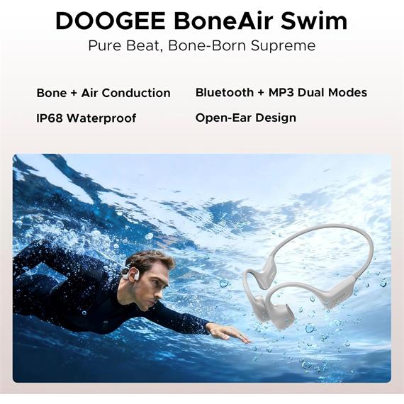 Doogee BoneAir Swim Auricular de Conducción Osea y Aerea BT y MP3 para Nadar Gris Claro