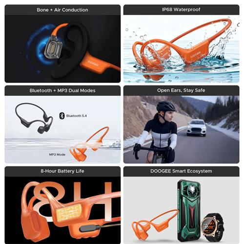 Doogee BoneAir Swim Auricular de Conducción Osea y Aerea BT y MP3 para Nadar Naranja