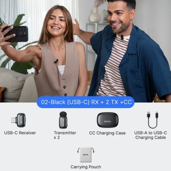 BOYA Mini 2-02 Kit 2 Micrófonos Solapa Inalámbricos con Receptor USB-C