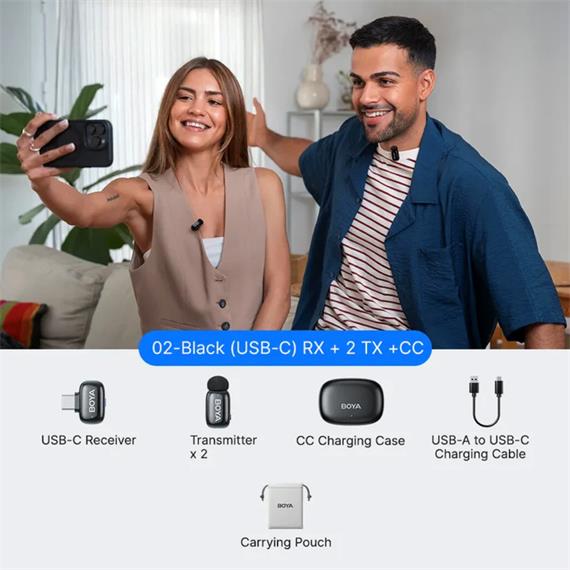 BOYA Mini 2-02 Kit 2 Micrófonos Solapa Inalámbricos con Receptor USB-C