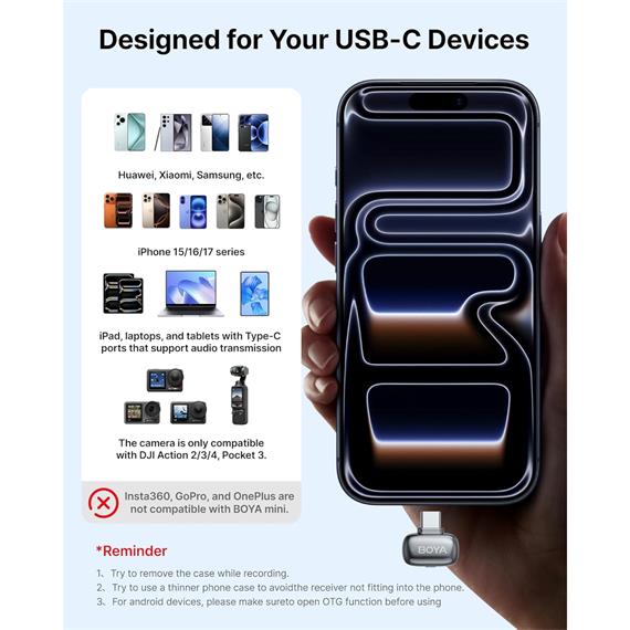 BOYA Mini 2-02 Kit 2 Micrófonos Solapa Inalámbricos con Receptor USB-C