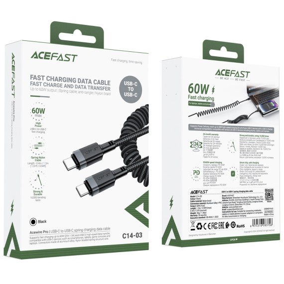 Cable USB-C a USB-C Acefast C14-03 60W Elástico Rizado Resistente