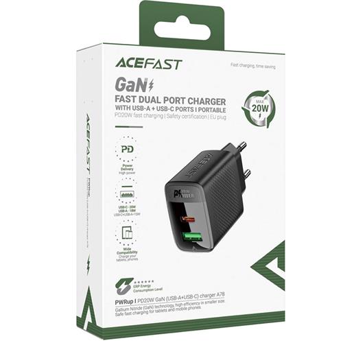 Cargador USB y USB-C Acefast A78 PD20W GaN Negro