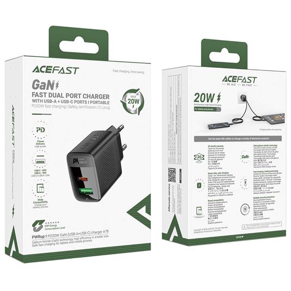 Cargador USB y USB-C Acefast A78 PD20W GaN Negro