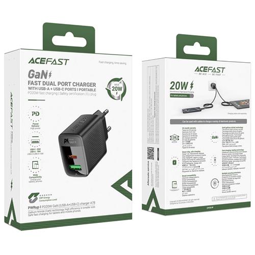 Cargador USB y USB-C Acefast A78 PD20W GaN Negro