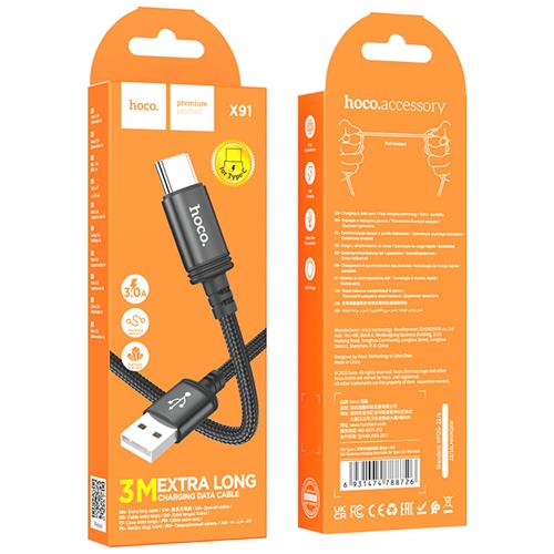 Cable USB a USB-C 3 metros 2.4A Hoco X91 Negro