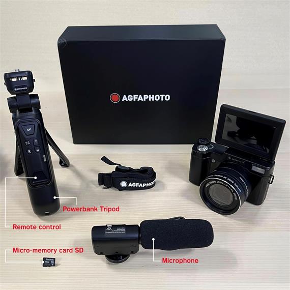 AgfaPhoto - Vlogging Kit: Cámara VLG-4K 5x Zoom, Trípode Powerbank, Mando y Micrófono