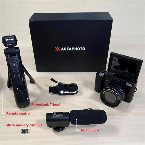 AgfaPhoto - Vlogging Kit: Cámara VLG-4K 5x Zoom, Trípode Powerbank, Mando y Micrófono