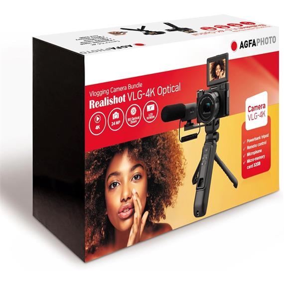 AgfaPhoto - Vlogging Kit: Cámara VLG-4K 5x Zoom, Trípode Powerbank, Mando y Micrófono