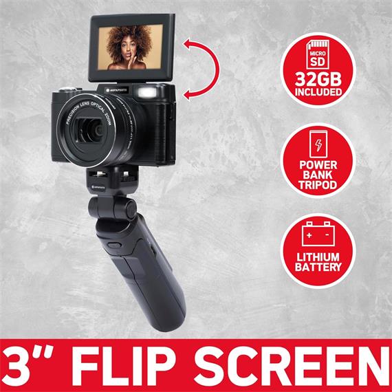 AgfaPhoto - Vlogging Kit: Cámara VLG-4K 5x Zoom, Trípode Powerbank, Mando y Micrófono