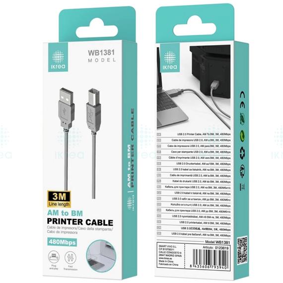 Ikrea WB1381 Cable de Impresora USB 2.0 3 Metros