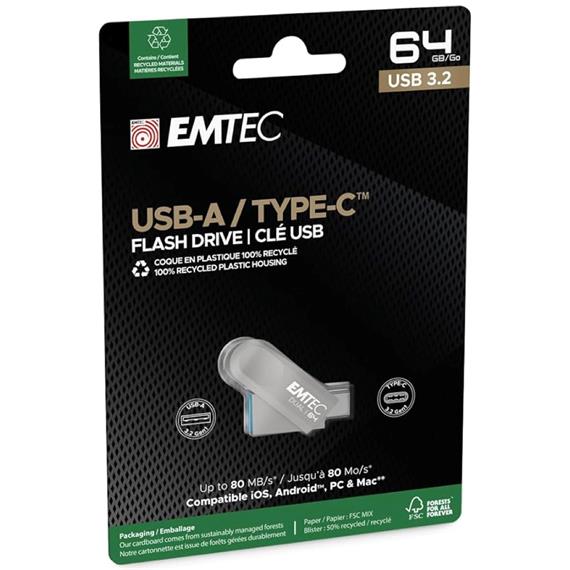 Memoria USB Dual 3.2 64GB USB-C y USB-A Emtec D280