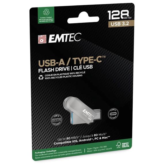 Memoria USB Dual 3.2 128GB USB-C y USB-A Emtec D280