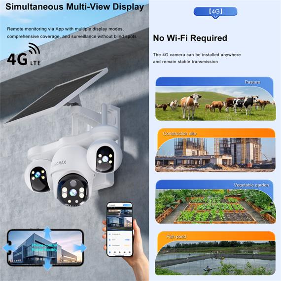 V380Max P19SE-4G V380 Pro Cámara de Seguridad Triple con 4G y Panel Solar