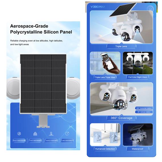 V380Max P19SE-4G V380 Pro Cámara de Seguridad Triple con 4G y Panel Solar