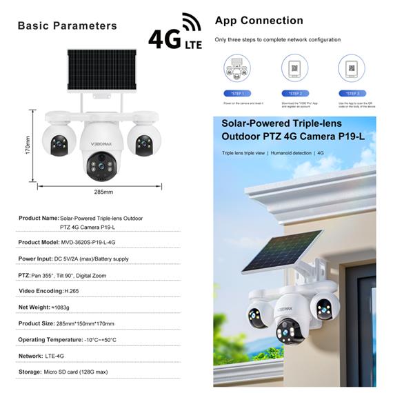 V380Max P19SE-4G V380 Pro Cámara de Seguridad Triple con 4G y Panel Solar