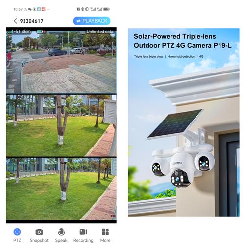V380Max P19SE-4G V380 Pro Cámara de Seguridad Triple con 4G y Panel Solar