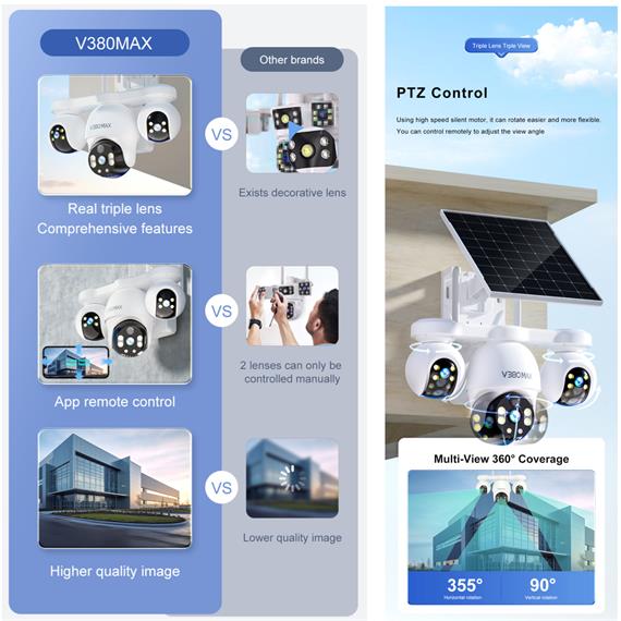 V380Max P19SE-4G V380 Pro Cámara de Seguridad Triple con 4G y Panel Solar
