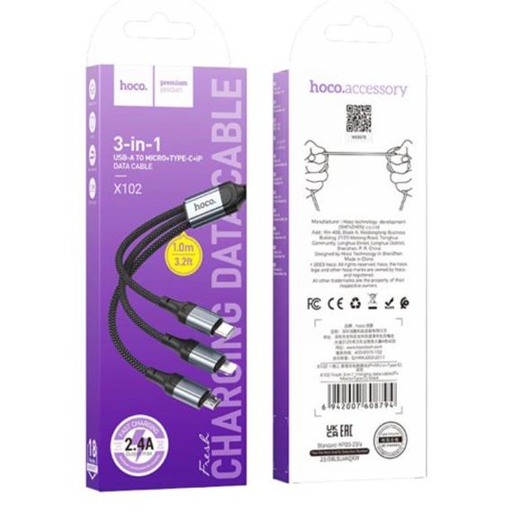 Cable USB-A a USB-C, Micro y LIghtning 3-1 Hoco X102 1 Metro Negro