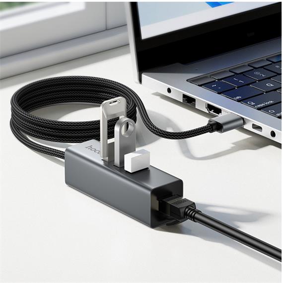 Adaptador USB Hoco HB1D Hub USB-A a 3x USB 2.0 y RJ45 10/100