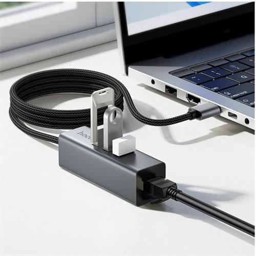 Adaptador USB Hoco HB1D Hub USB-A a 3x USB 2.0 y RJ45 10/100