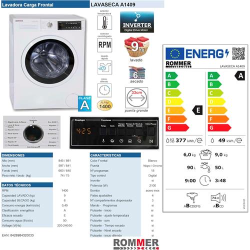 Rommer A1409 Lavasecadora  9kg + 6kg 1400RPM