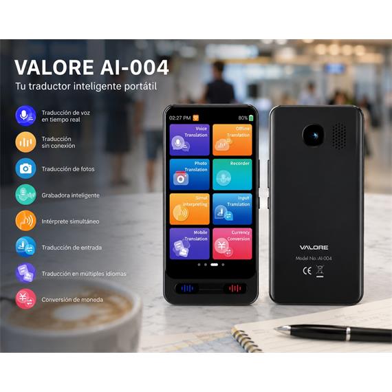 Valore Echo Traductor AI con Pantalla 4.2", Cámara, 142 Idiomas y Chat GPT (AI004)