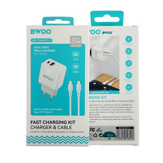 BWOO Cargador Rápido 20W+18W Doble Puerto Cable Type-C to Type-C 1 Metro Blanco (BO-CDA157C-C)