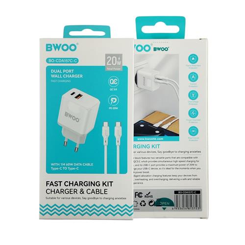 BWOO Cargador Rápido 20W+18W Doble Puerto Cable Type-C to Type-C 1 Metro Blanco (BO-CDA157C-C)