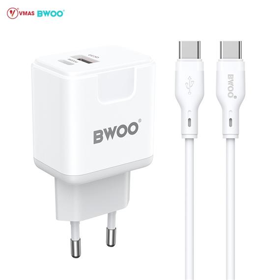 BWOO Cargador Rápido 20W+18W Doble Puerto Cable Type-C to Type-C 1 Metro Blanco (BO-CDA157C-C)