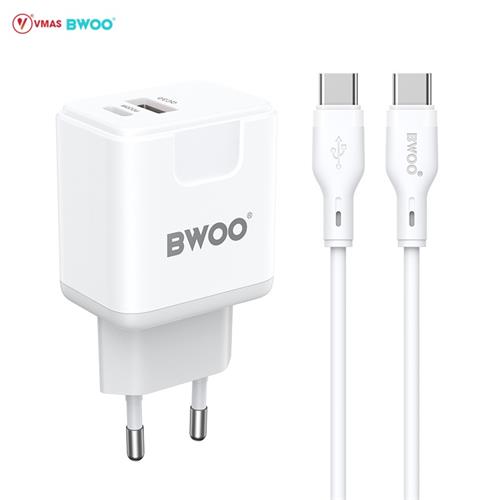 BWOO Cargador Rápido 20W+18W Doble Puerto Cable Type-C to Type-C 1 Metro Blanco (BO-CDA157C-C)