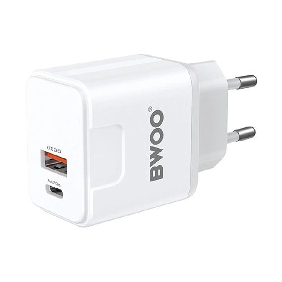 BWOO Cargador Rápido 20W+18W Doble Puerto Cable Type-C to Type-C 1 Metro Blanco (BO-CDA157C-C)