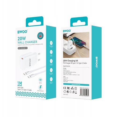 BWOO Cargador Rápido 20W Cable Type-C to Type-C 1 Metro Blanco (BO-CDA159C-C)