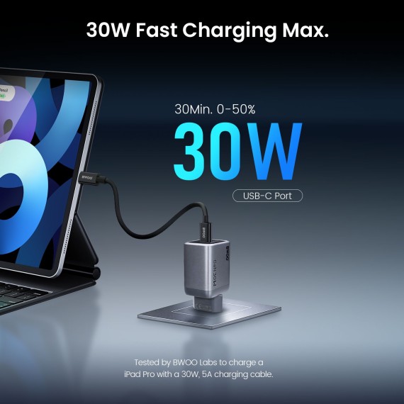 BWOO Cargador de Pared Carga Rápida Gan 30W USB-C Gris (BO-CDA236)