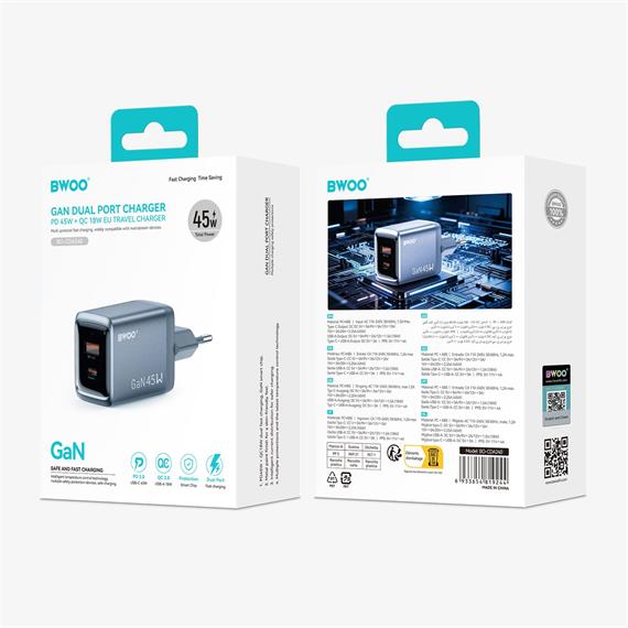 BWOO Cargador Rápido Gan 45W USB-A y USB-C Gris (BO-CDA240)