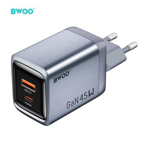 BWOO Cargador Rápido Gan 45W Doble Puerto USB-C Gris (BO-CDA240)