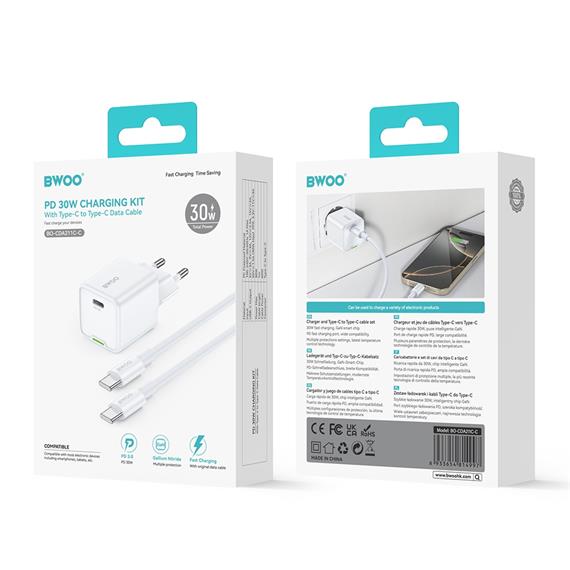BWOO Cargador Rápido 30W Cable Type-C to Type-C 1 Metro Blanco (BO-CDA211C-C)