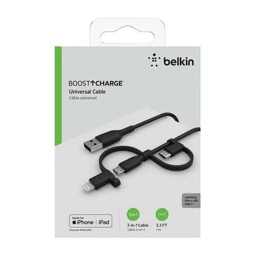 Belkin Cable USB-A 3 in 1 1Metro 15w Conectores USB-C Micro-Usb Lightning Negro (CAC001BT1MBK)
