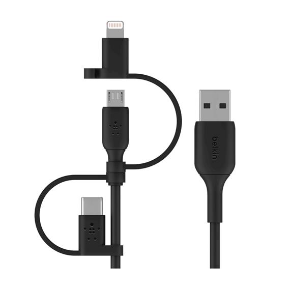 Belkin Cable USB-A 3 in 1 1Metro 15w Conectores USB-C Micro-Usb Lightning Negro (CAC001BT1MBK)